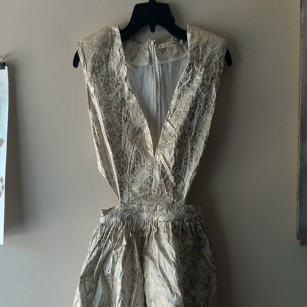 Damask gold print party dress with cut-out sides!!